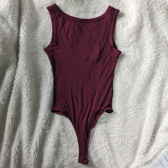 Lulu's Closer to You Burgundy Ribbed Backless Bodysuit with High Neckline - Picture 8 of 9